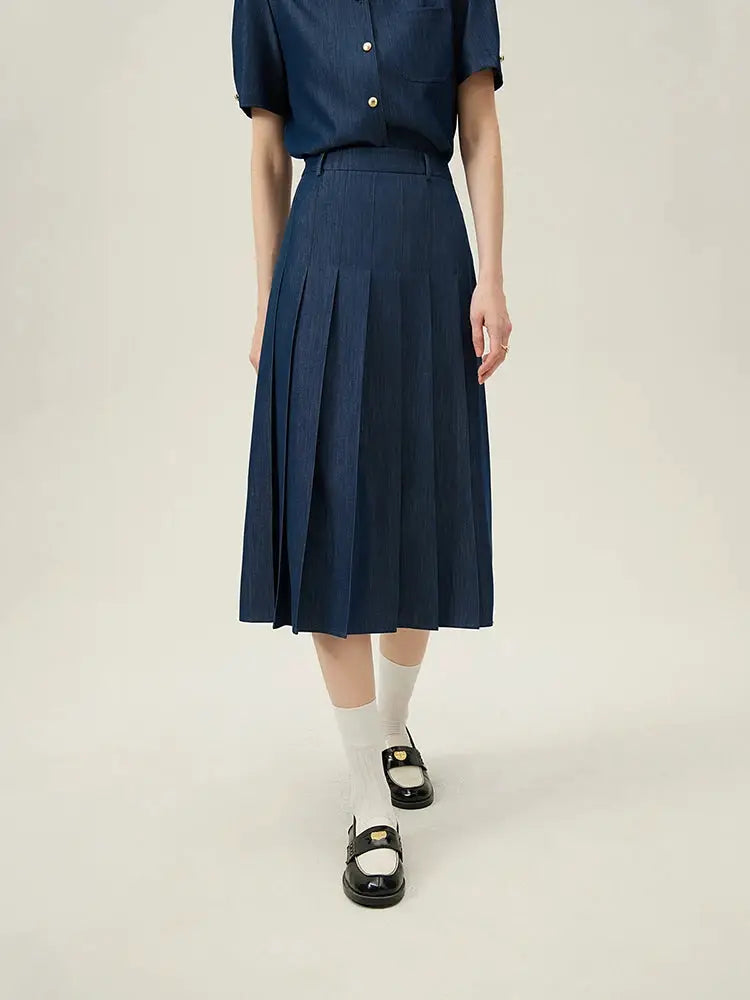 Women's navy blue pleated long skirt for office wear with a tailored look