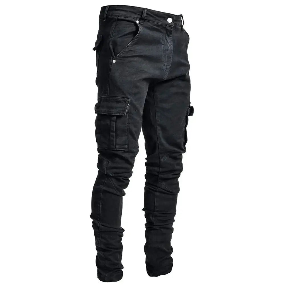 Simples Market Street Elastic Jeans Men denim cargo pants in black with multiple pockets
