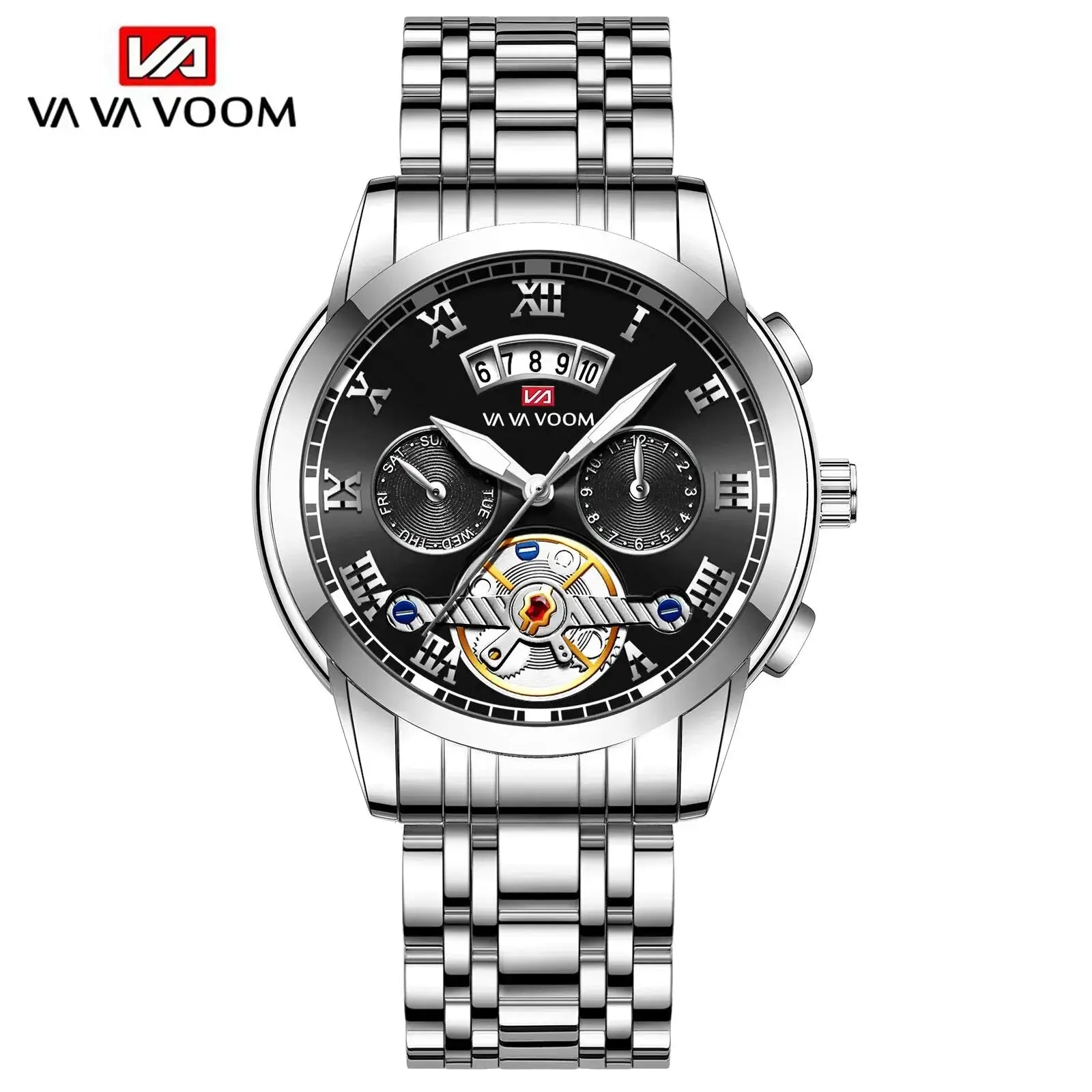 Men's luxury stainless steel VA VA VOOM watch from Simples Market; black dial, Roman numerals, multi-dial display.