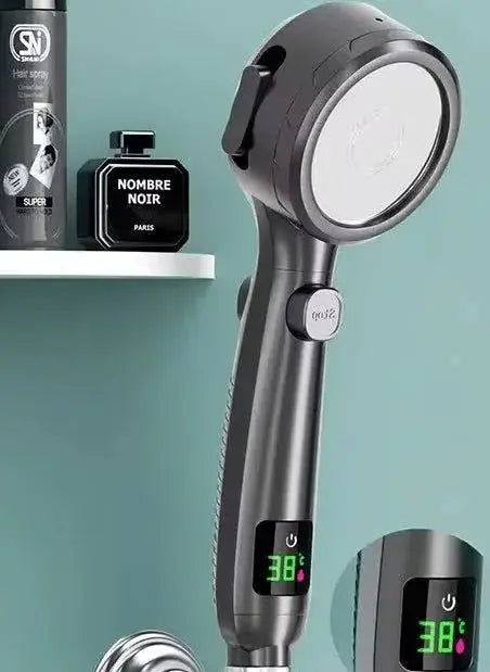 Handheld shower head with LED temperature display and black finish