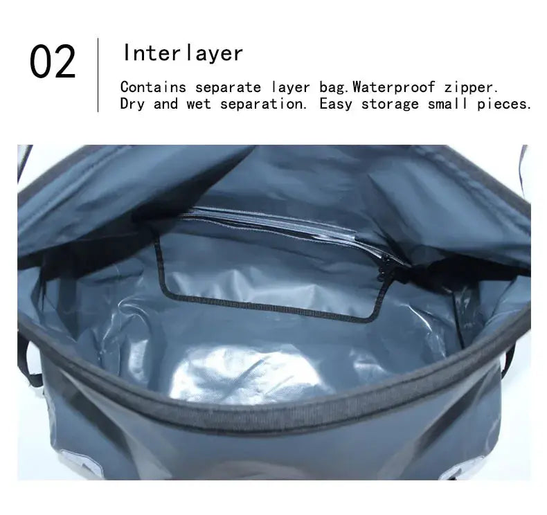 Simples Market 40–120L waterproof duffle bag in dark blue with interior zippered pocket