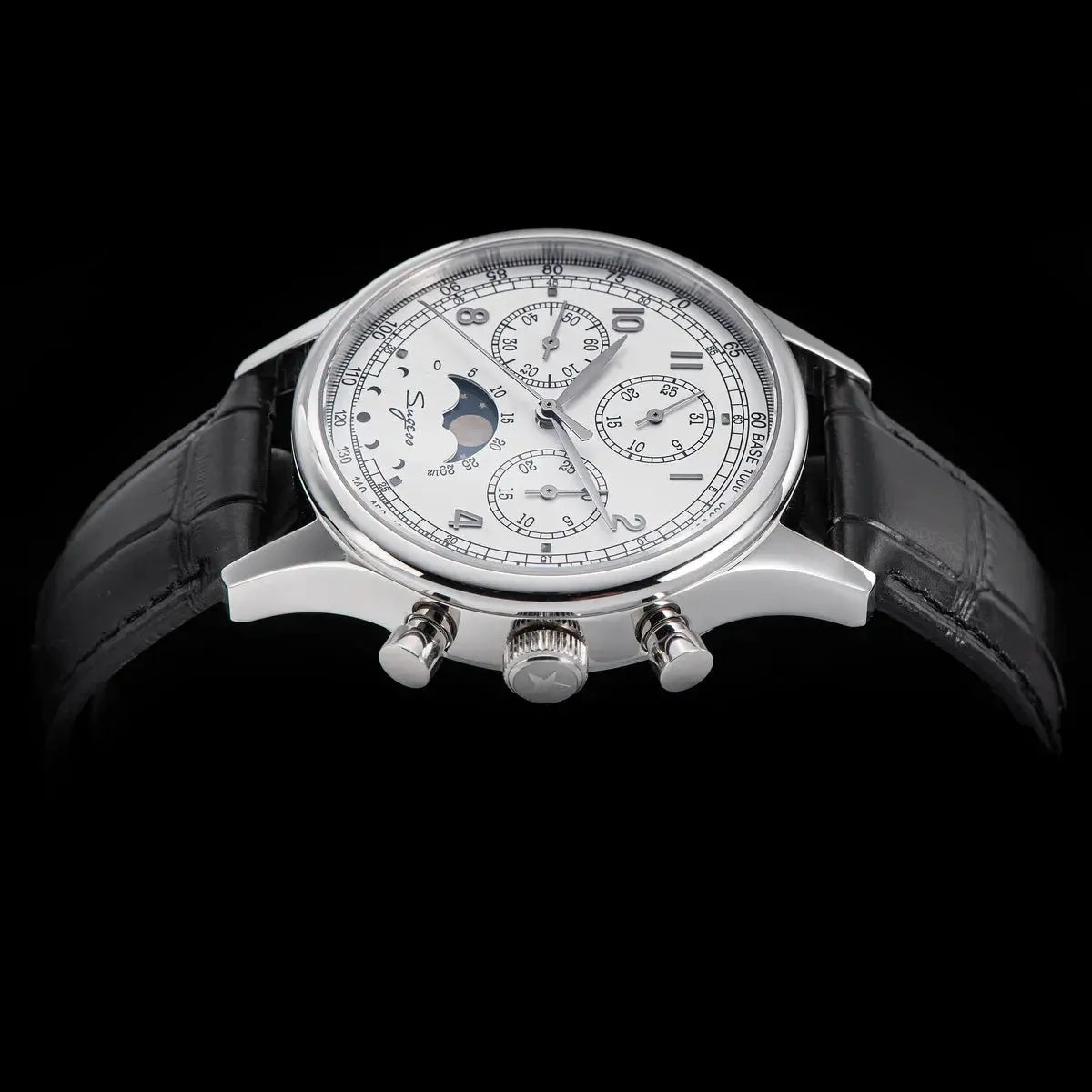 Sugess men's moonphase chronograph watch with white dial, stainless steel case and black leather strap