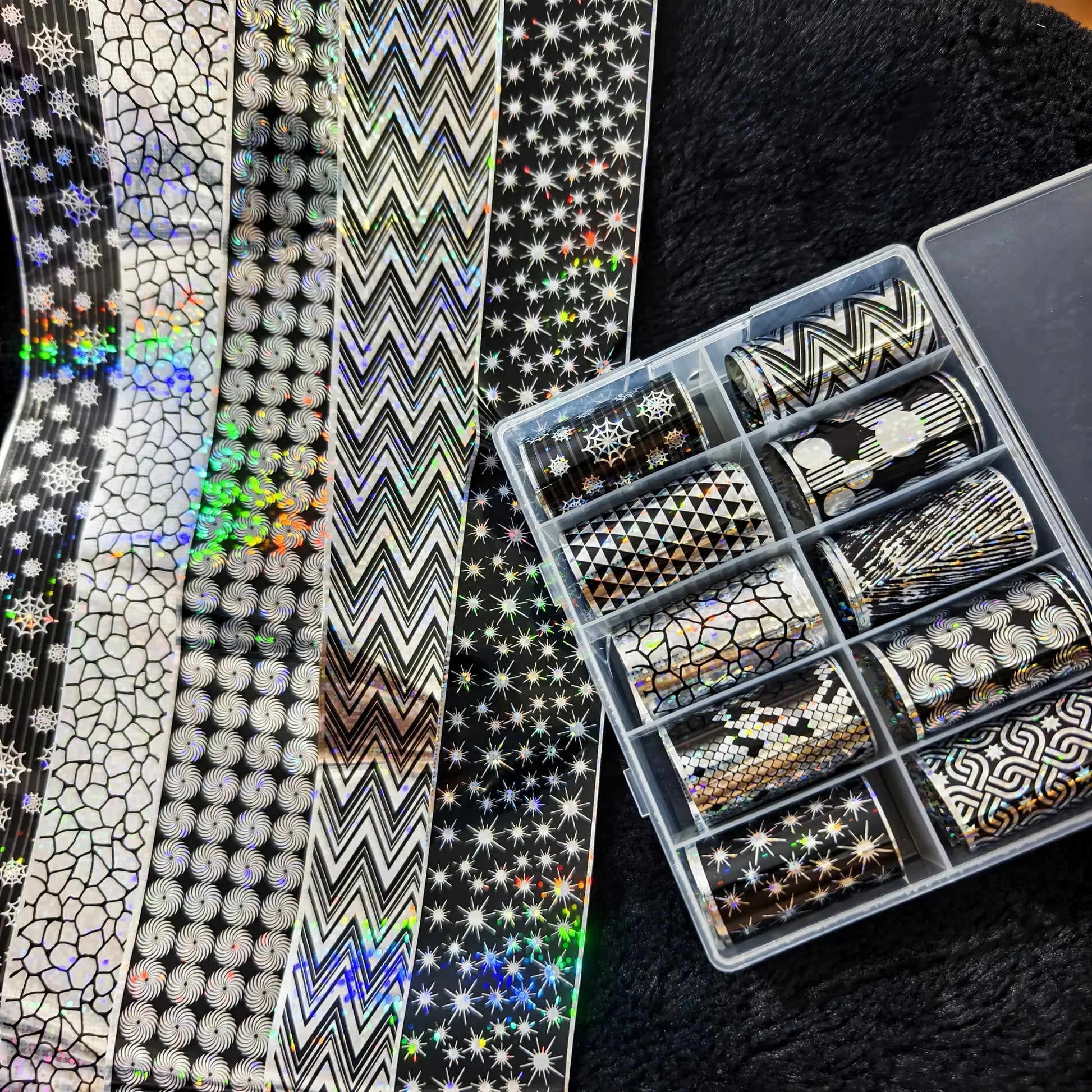 Simples Market 10-roll Halloween nail foil set with holographic spiderweb, chevron and starburst patterns