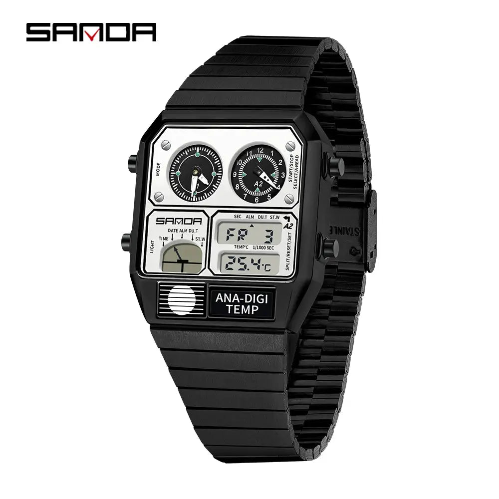 Sanda 3192 Mens Square Digital Analog Watch Waterproof Led Thermometer Stopwatch Sporty Durable Timepiece