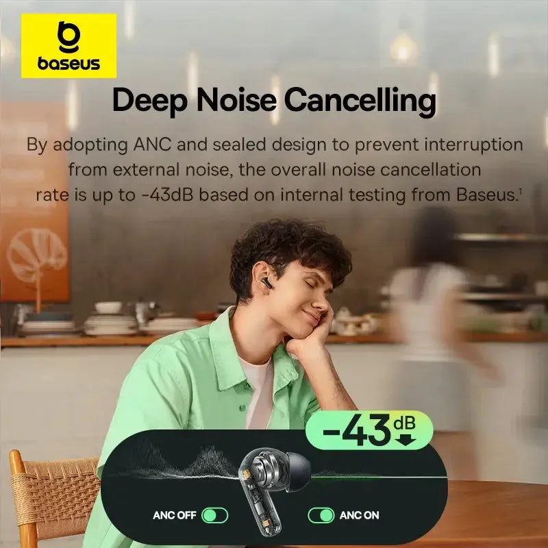 Baseus Bass EP10/BP1 NC wireless earbuds, black; ANC with -43dB shown.
