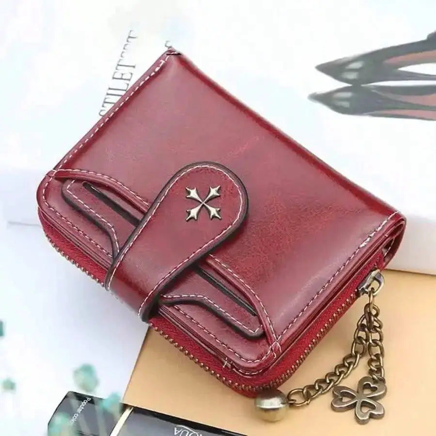 Women's Retro Small Wallet red leather mini card holder with double-fold design and zipper, Simples Market.