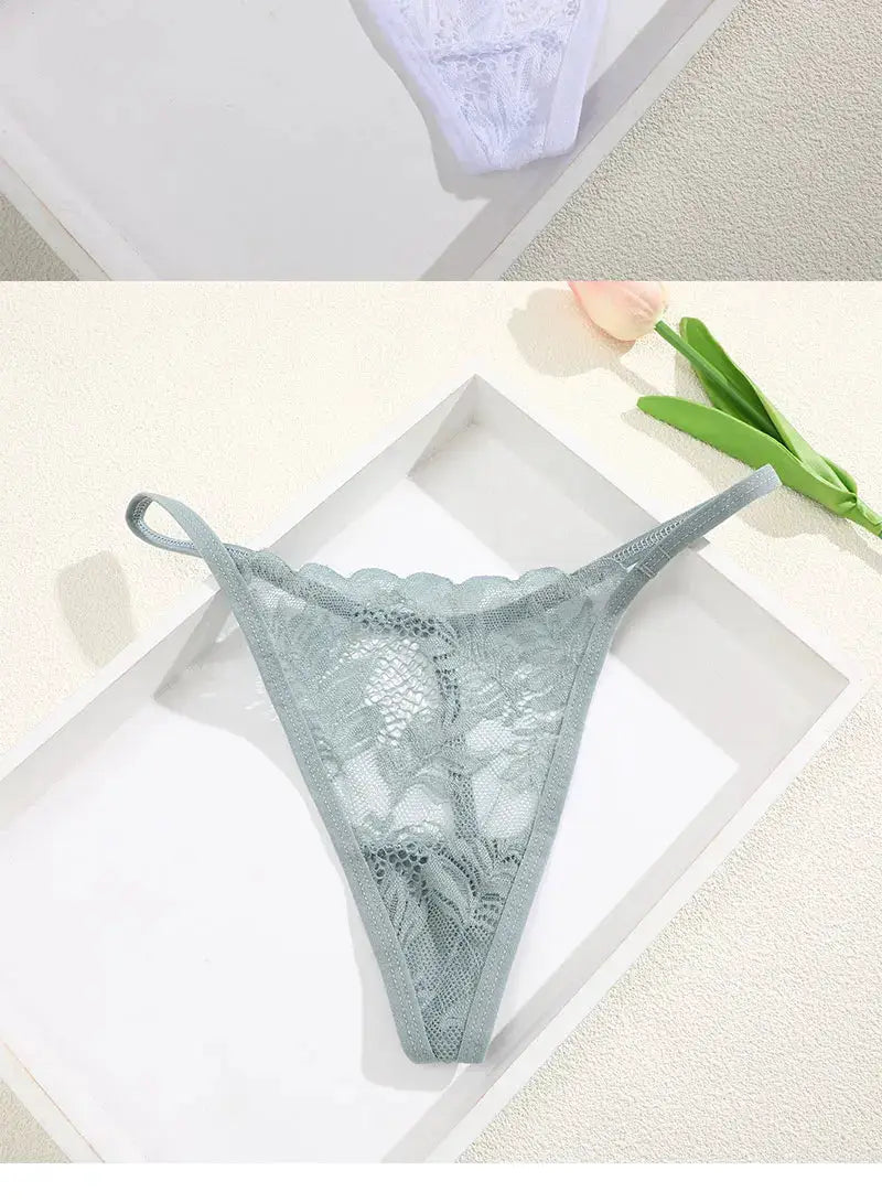 Lace thong underwear, 2-pack set in white and gray with floral lace, low-rise.