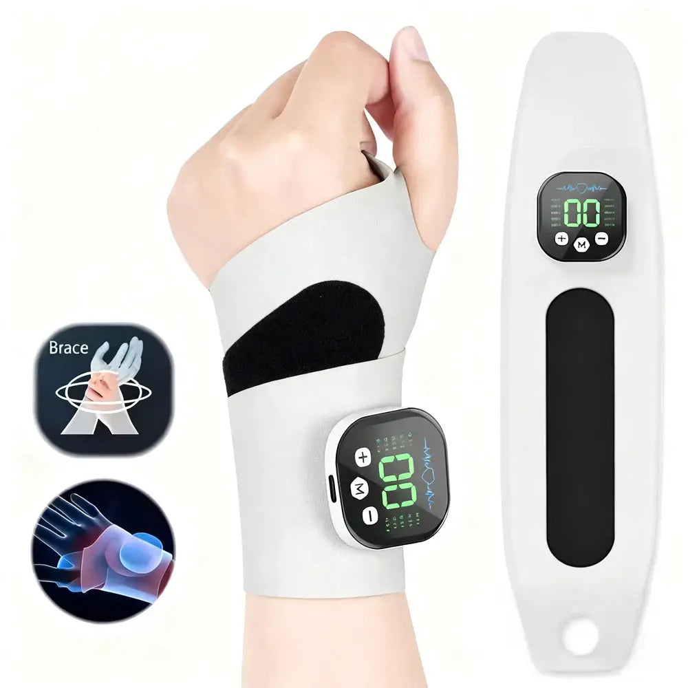 EMS cordless hand and wrist massager by Simples Market; white cuff with handheld control and 10 modes.