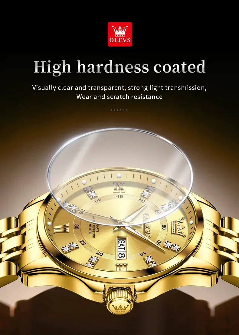OLEVS 3620 gold luxury men's quartz watch with stainless steel band and calendar date