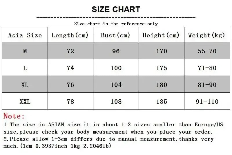 Simples Market cotton breathable sleeveless t-shirt size chart for Asia M-XXL with length, bust and height measurements