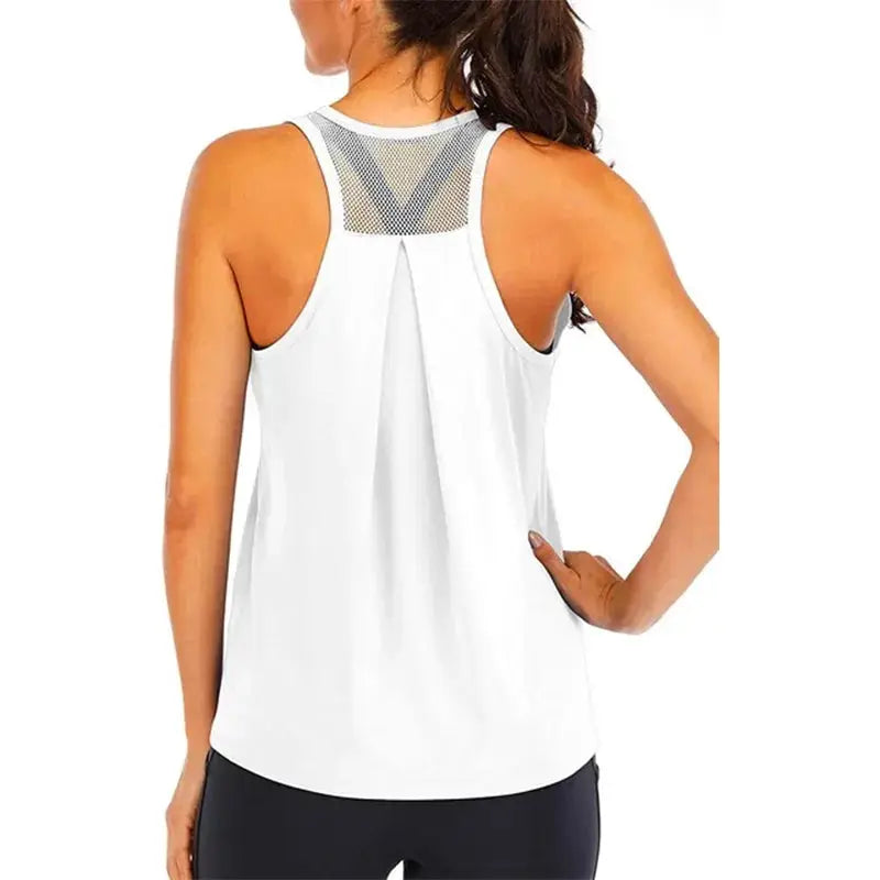 Women's white yoga vest tank top with mesh back, loose fit gym sleeveless top