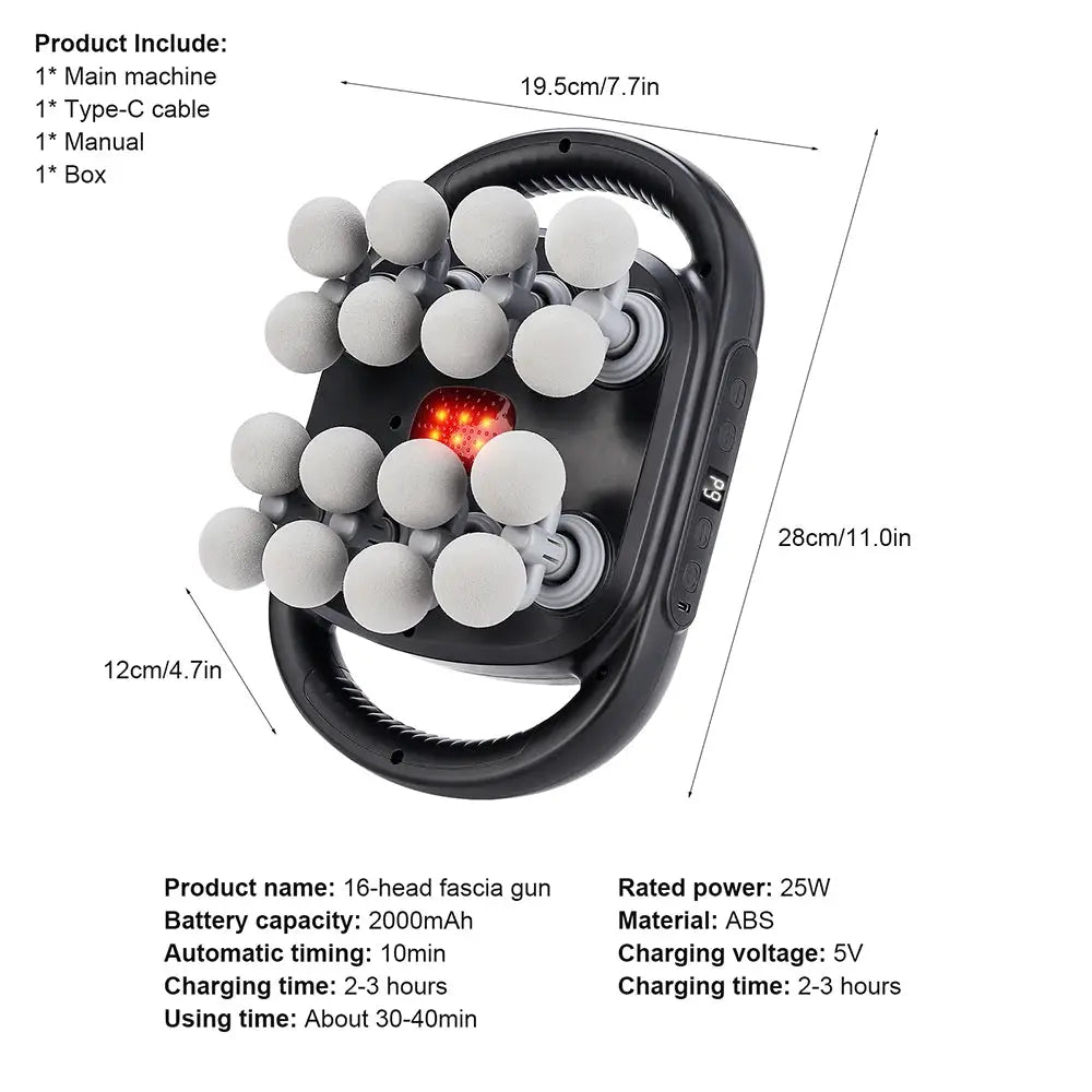 Black 16-head fascia gun massager with grey heads for back and neck