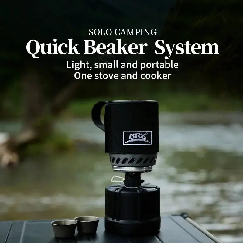 BRS-61 camping stove system with integrated heat-collecting pot burner, ultralight portable with two cups.