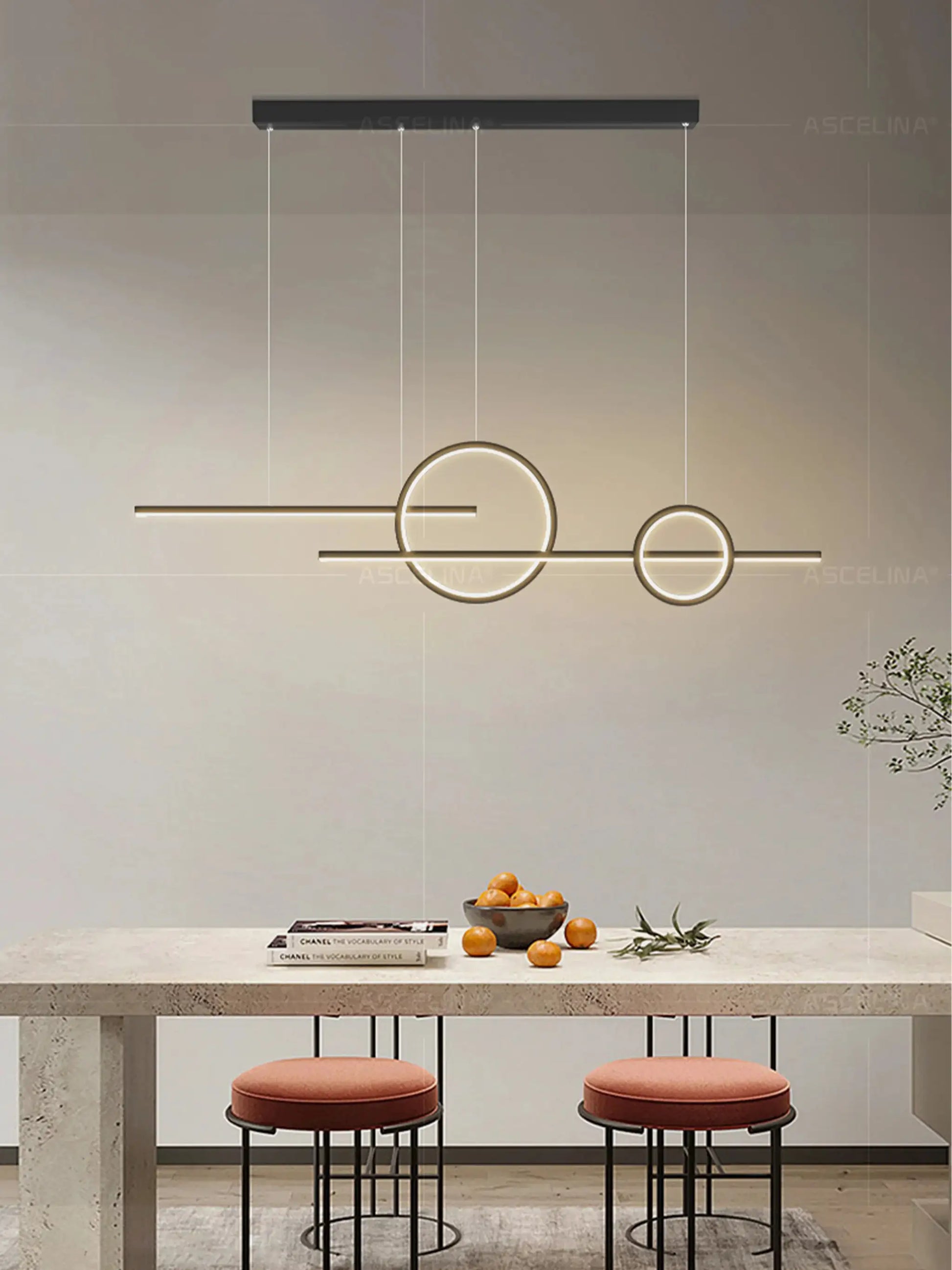 Modern LED chandelier pendant light with black mounting bar and geometric ring accents by Simples Market