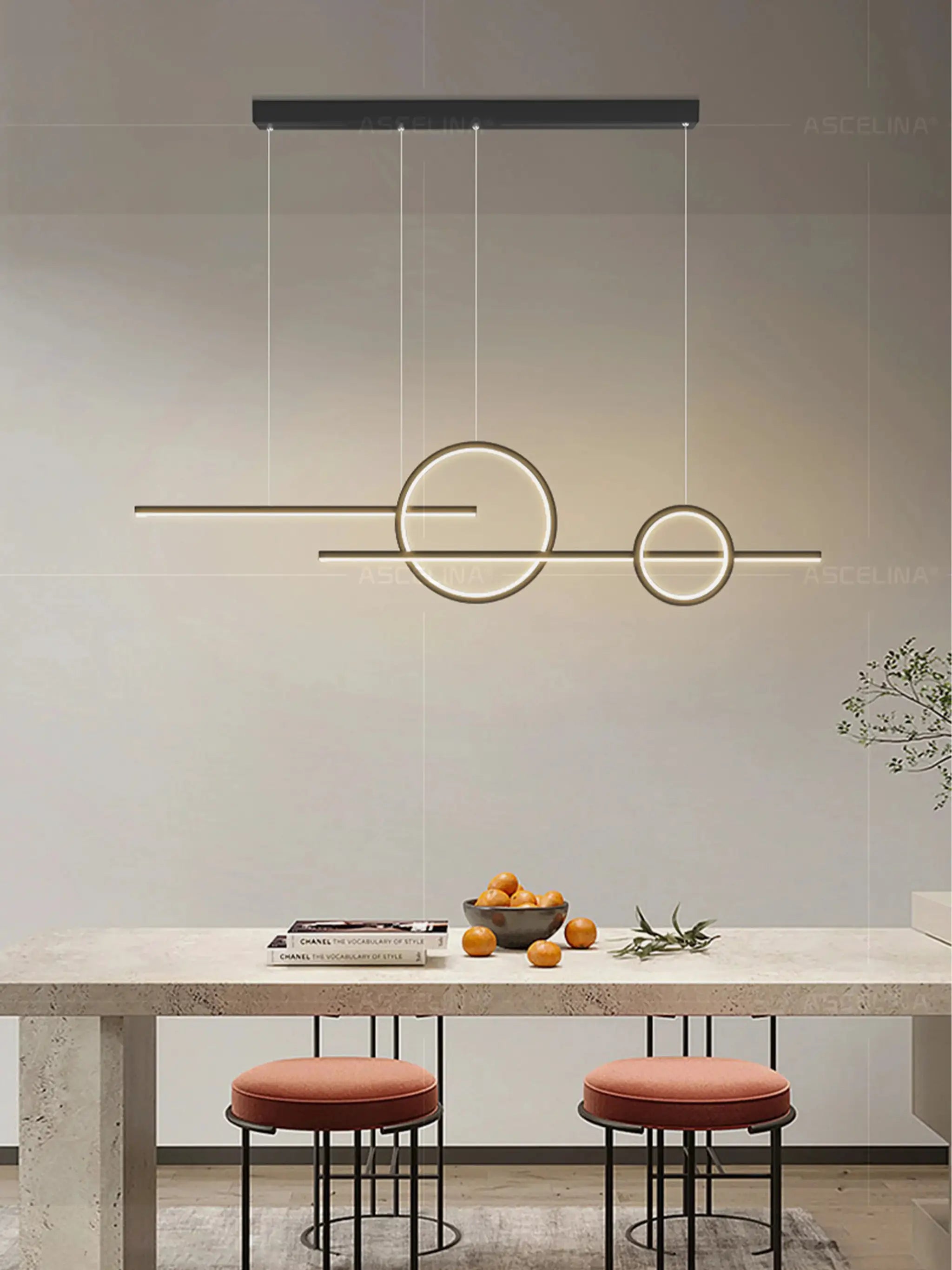 Modern LED chandelier pendant light with black mounting bar and geometric ring accents by Simples Market