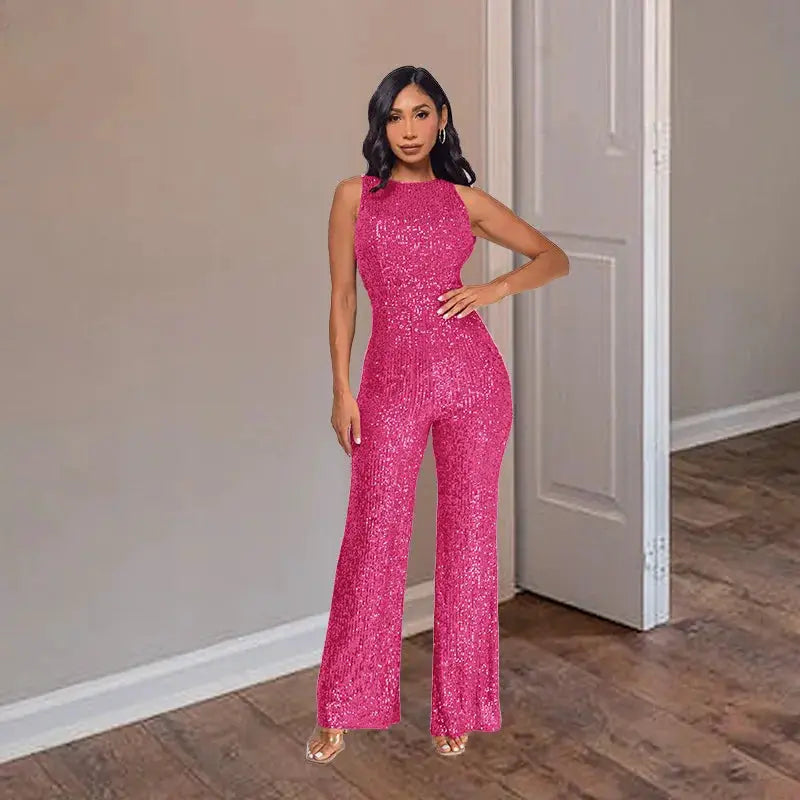 Sparkling sequin jumpsuit for women by Simples Market, pink sleeveless high-waist fitted partywear