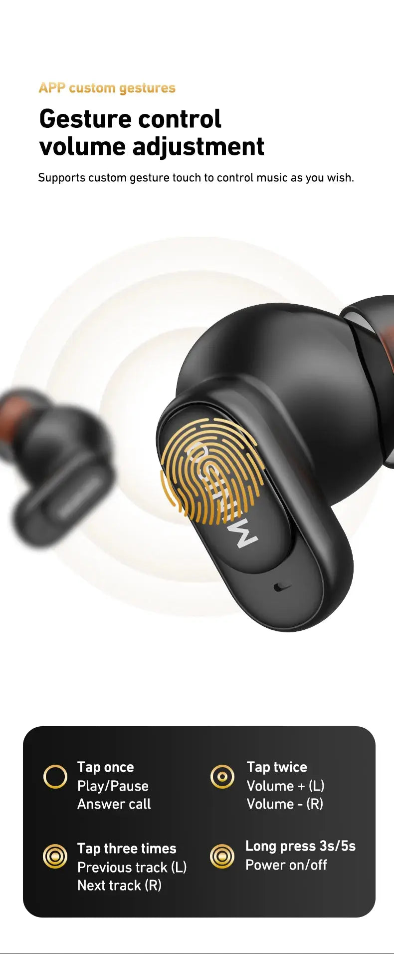 MINISO MS105 wireless in-ear earbuds, black with gold fingerprint motif, IPX5 waterproof