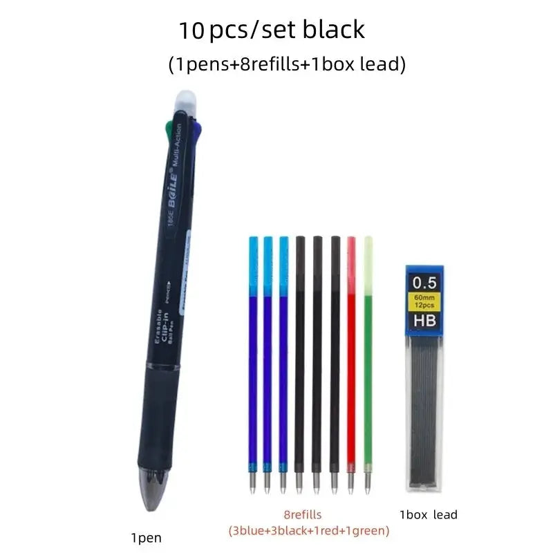 Simples Market black 5-in-1 erasable gel pen with replaceable refills; includes 8 refills and 1 lead box