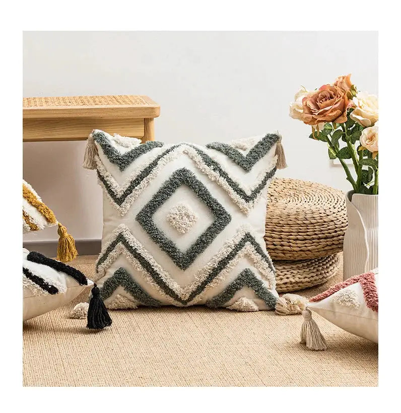 Decorative pillow with white tufted diamond pattern and teal-gray trim, tassels on corners; set of 3 cushions