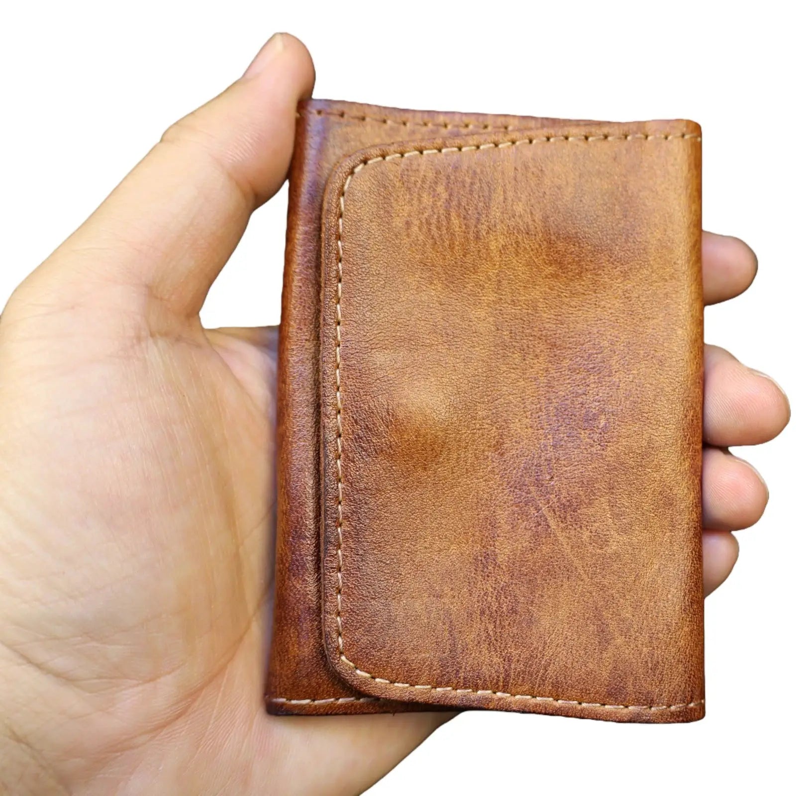Genuine cowhide leather wallet, brown vintage handmade compact card holder with white stitching