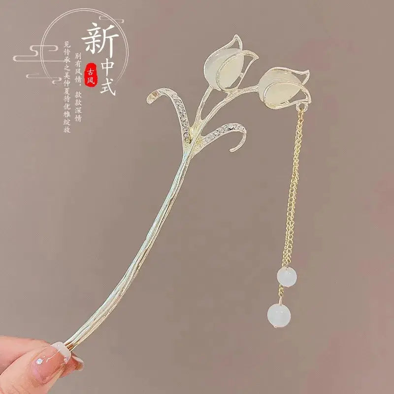 Elegant Chinese Style Romantic Enameled Flower Tassel Hair Clip Alloy Jewelry Hairpin For Women Fashion Accessory