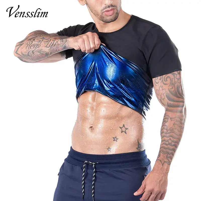 Vensslim men's sauna vest in metallic blue, heat-trapping waist trainer for slimming and workouts