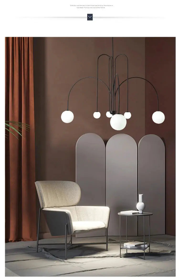 Nordic minimalist pendant light by Simples Market, black metal multi-arc chandelier with white globe bulbs
