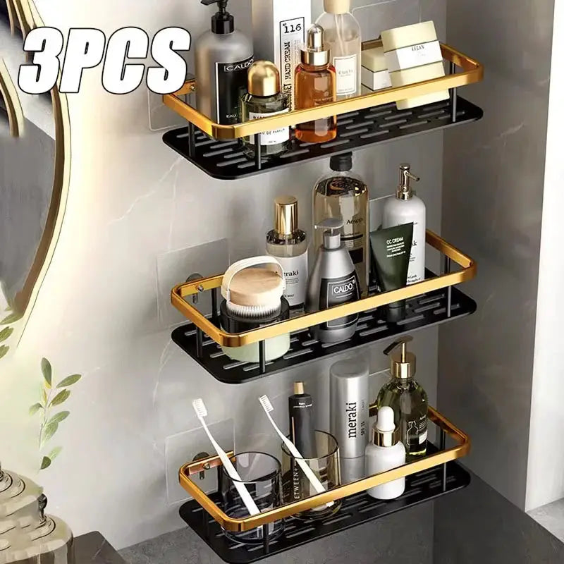 Bathroom shelf rack; three-tier wall-mounted aluminum no-drill corner by Simples Market, black trays with gold trim.