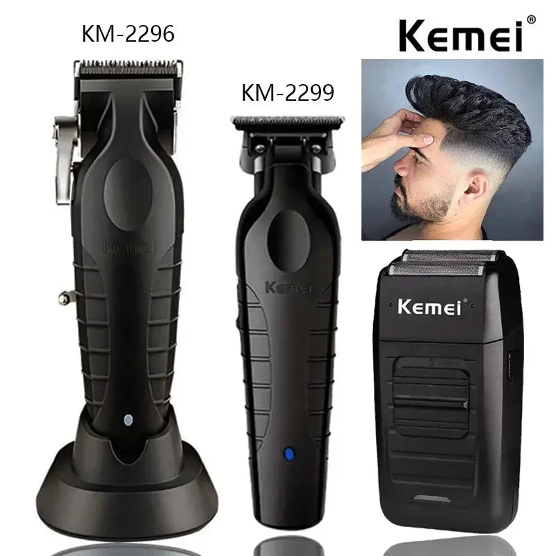 Kemei professional hair clipper kit with KM-2296 and KM-2299 clippers and charger, black
