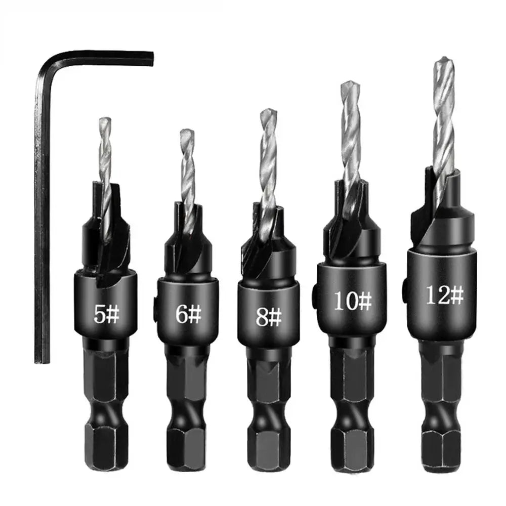 5pc Hexagon Screw Hole Opener Set With Countersink Drill Bit Taper for Woodworking and DIY Projects