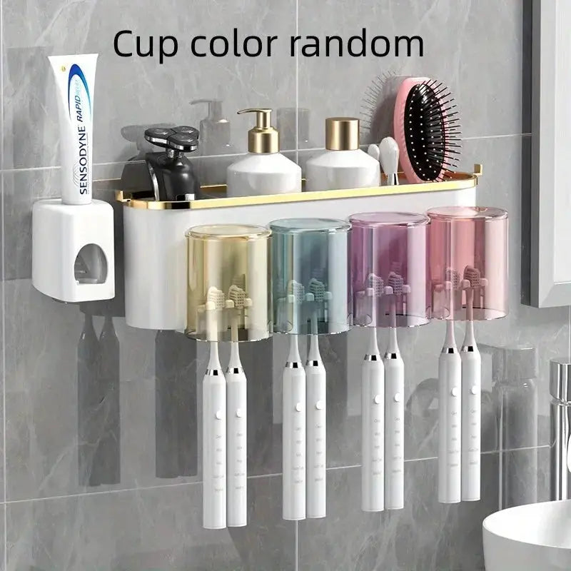 BrightNest Toothbrush Holder With Squeezer And Mouthwash Cup Adhesive Mount Perforation Free Design For Home Organizing