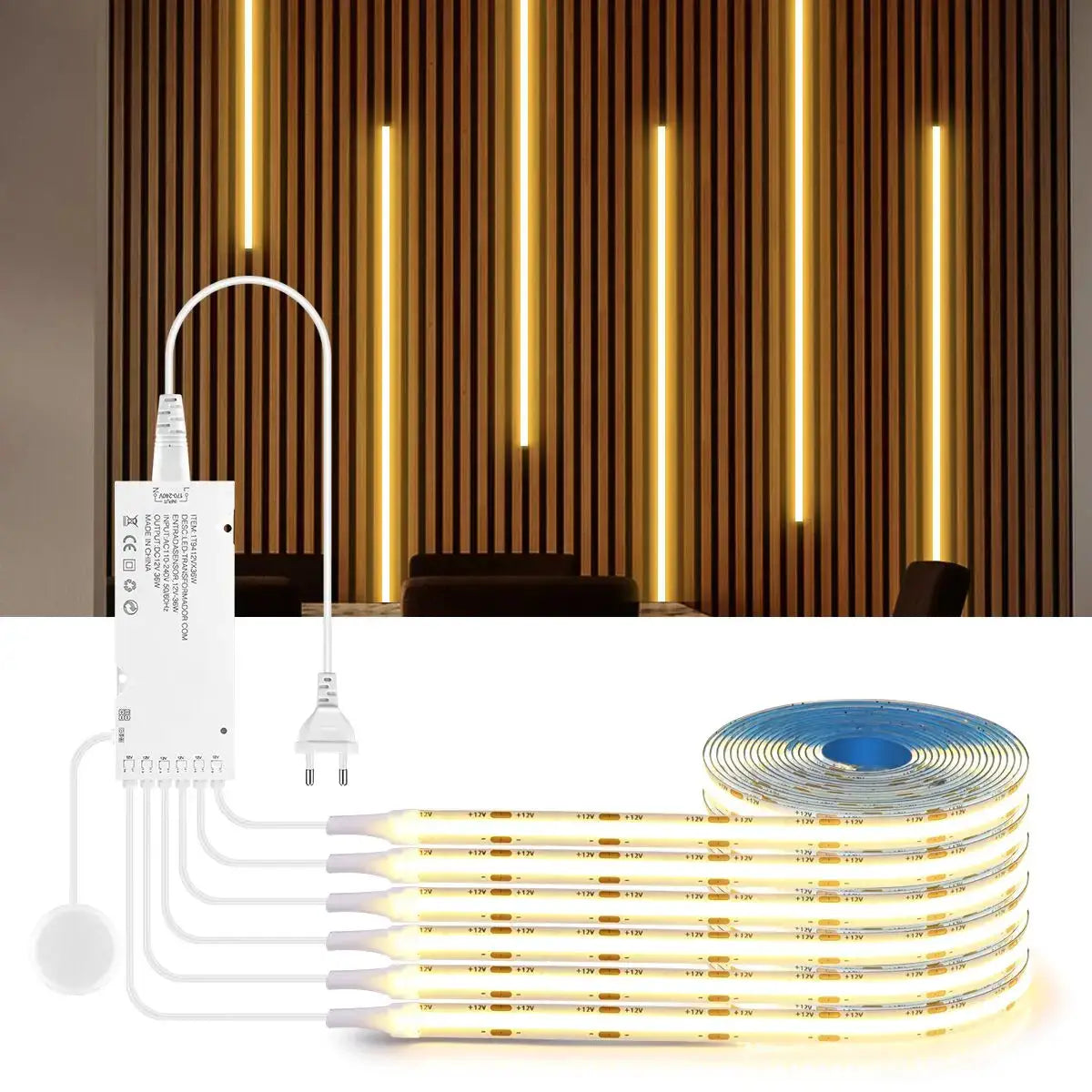 LED COB light strip kit by Simples Market with touch-dimmable controller and warm-white flexible strips