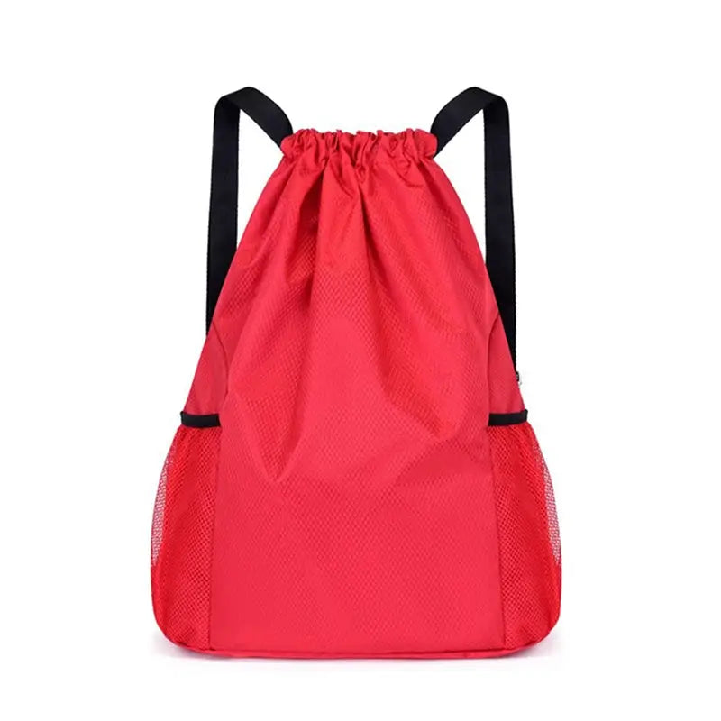 Drawstring backpack red with black straps and side mesh pockets
