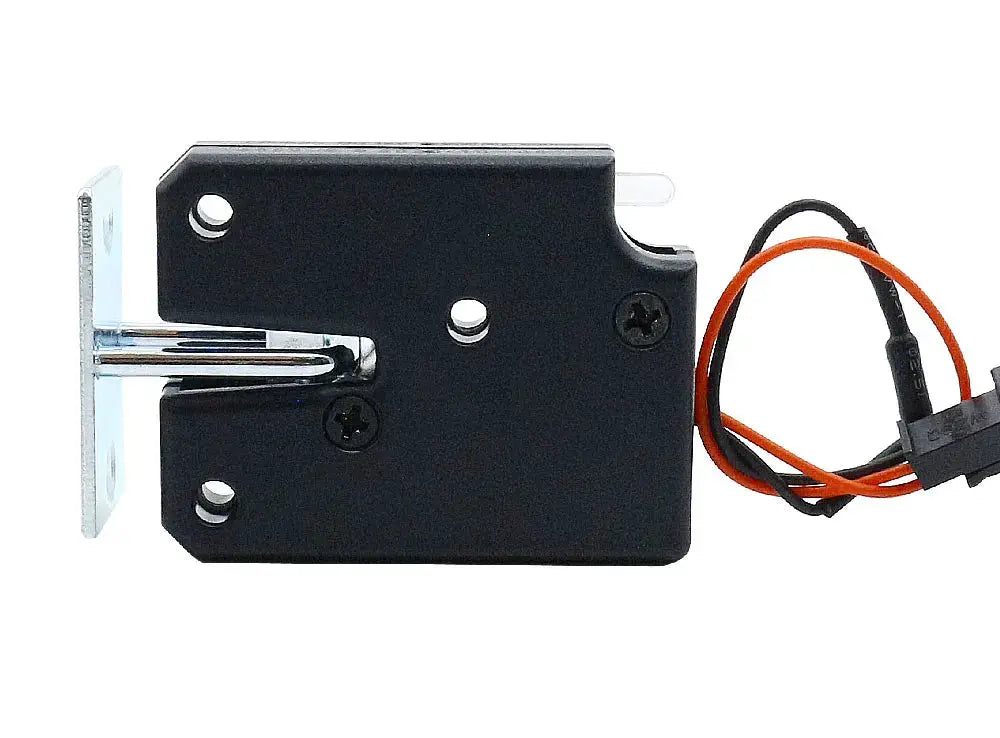 Small electric cabinet lock by Simples Market, black plastic body with metal latch and orange/black wires.