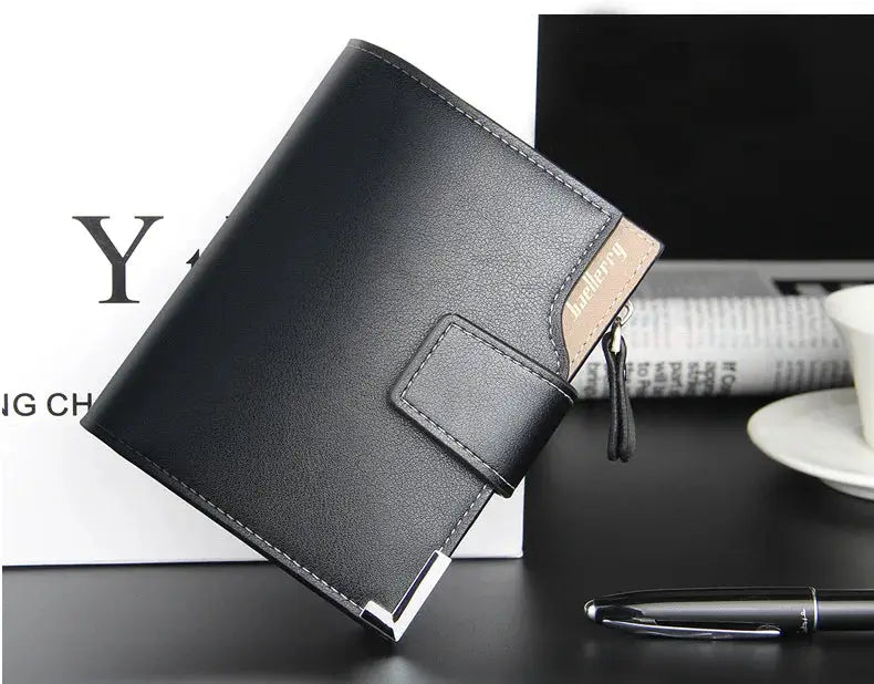 Baellerry black leather short luxury men's wallet with zipper coin pocket and logo tag