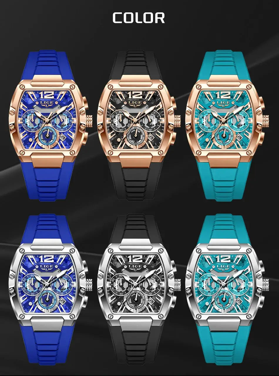 Six LIGE men's chronograph watches with silicone straps in blue, black, teal and silver colorways