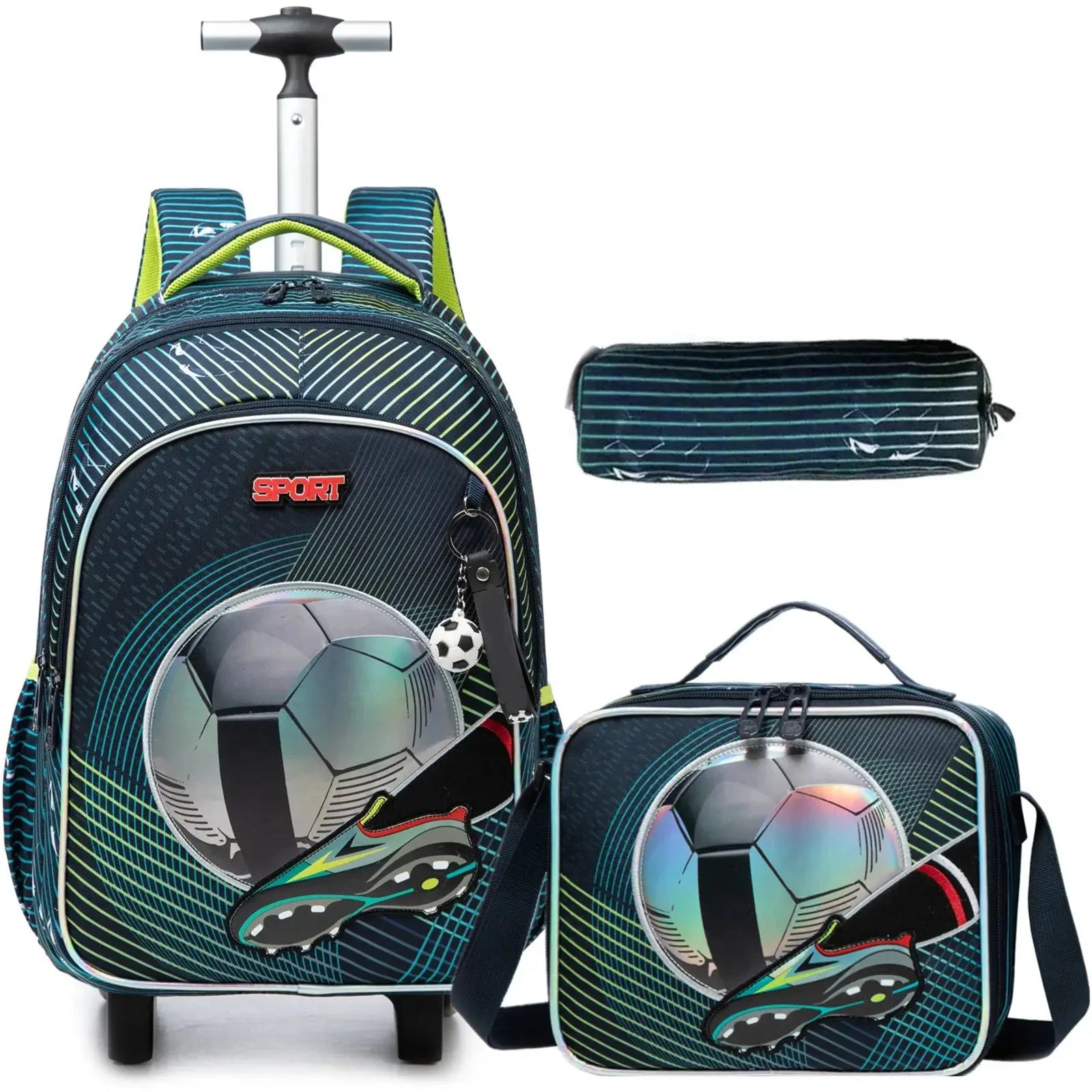 Children's wheeled backpack set with lunch box; blue striped design and soccer ball graphic.