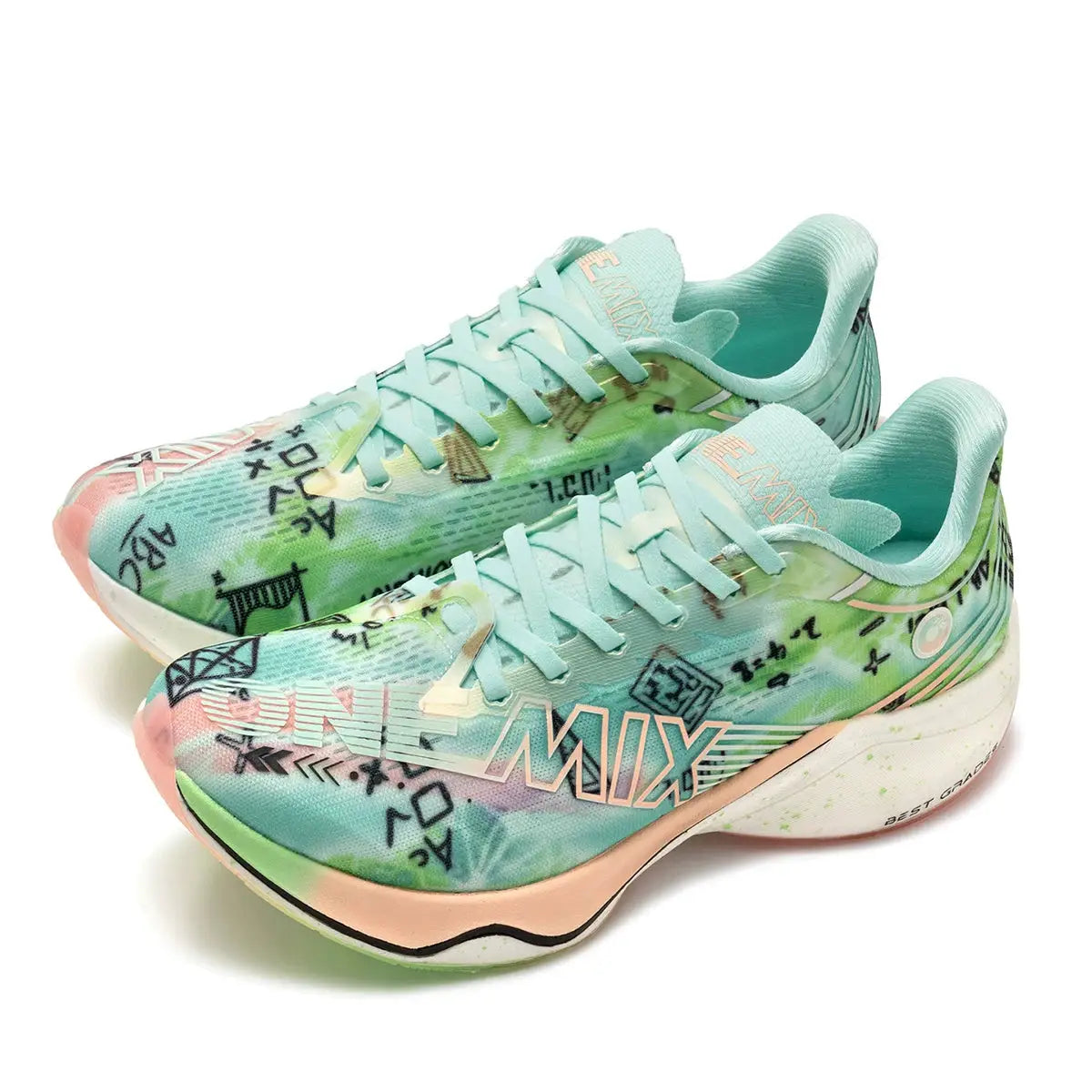 ONEMIX running shoes for men, mint green graffiti print, pair with light pink sole
