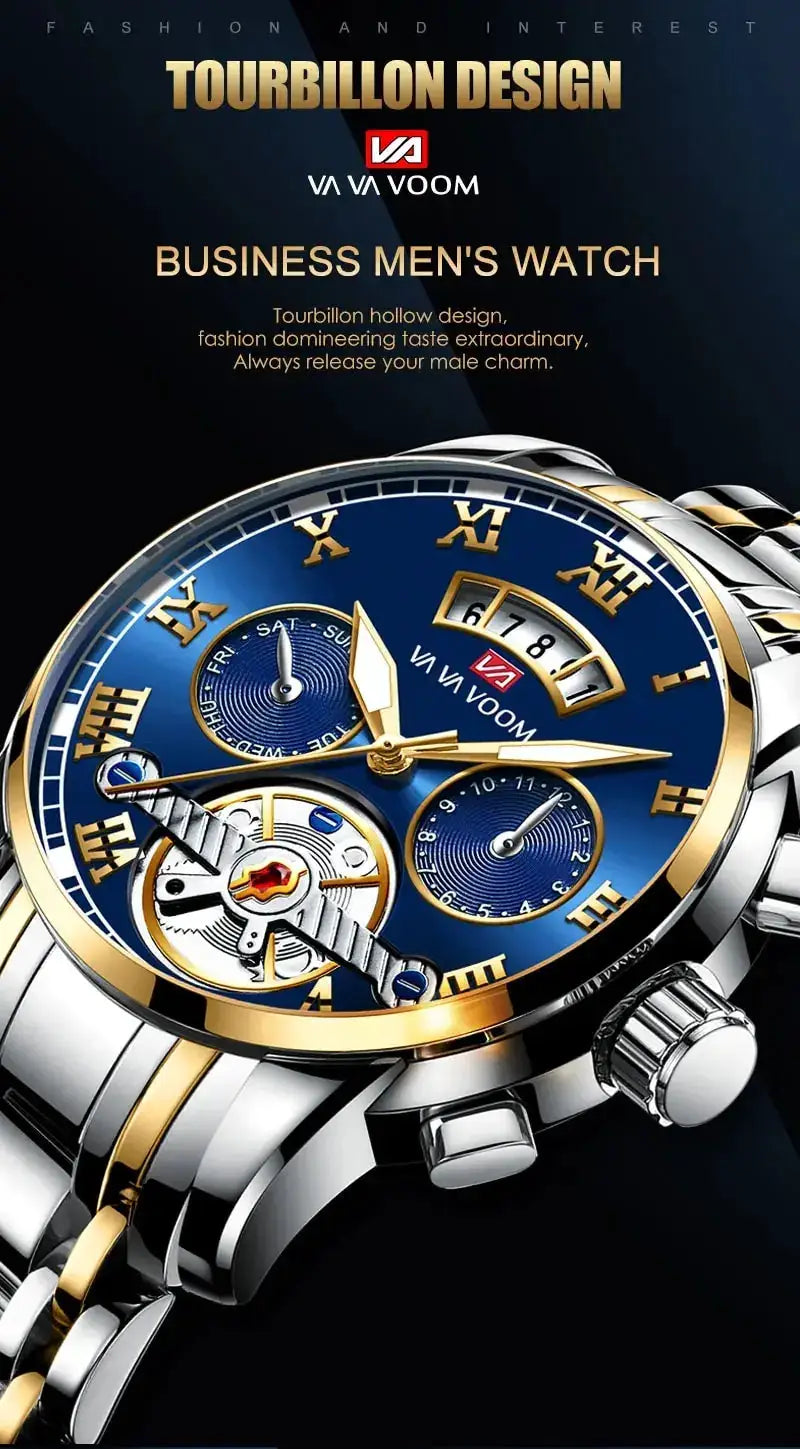 Men's luxury stainless steel watch with blue dial, gold-tone Roman numerals, tourbillon design and two-tone bracelet