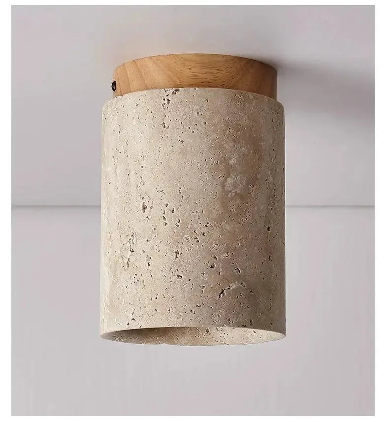 Japanese style LED ceiling lamp, round stone cylinder with wood cap, surface-mounted, 110–220V