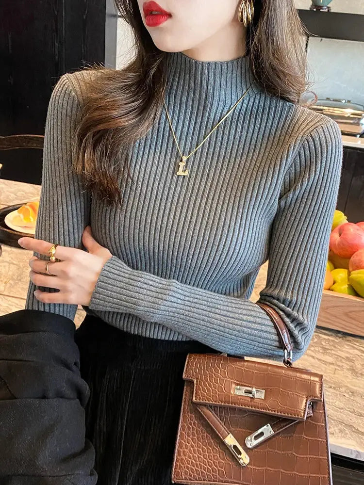 Elegant Solid Basic Knitted Turtleneck Sweater For Women Long Sleeve Slim Casual Pullover Korean Fashion Chic