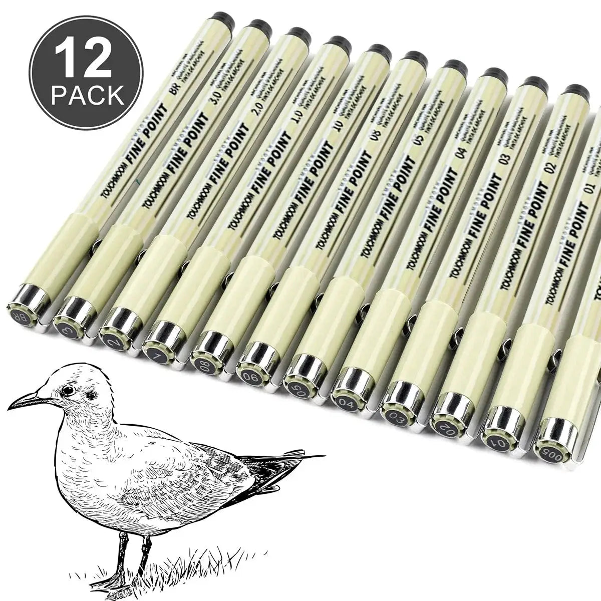 Simples Market 12-pack hook-needle fineliner sketch pens, cream bodies with silver tips