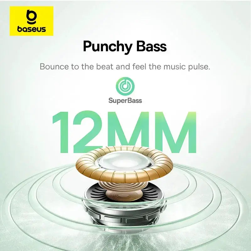 Baseus Bass EP10/BP1 NC true wireless earbuds promotional graphic featuring 12mm driver and Baseus branding