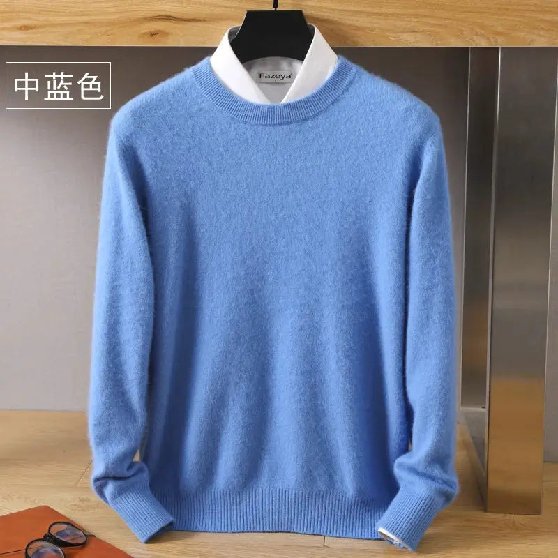 Men's mid-blue mink cashmere sweater by Fazeya, crew neck knit with long sleeves