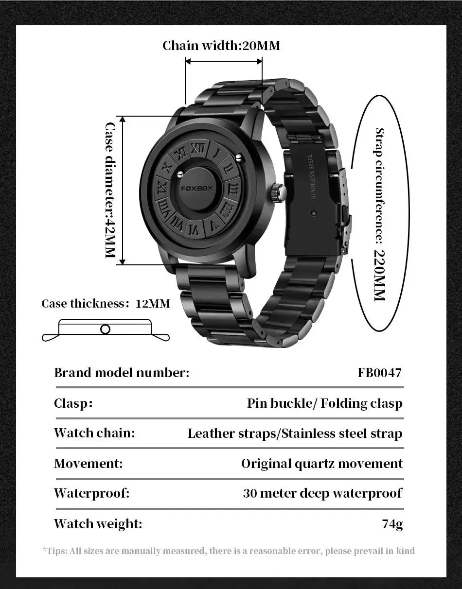FOXBOX watch with a black stainless-steel band, round Roman-numeral dial, waterproof quartz movement.