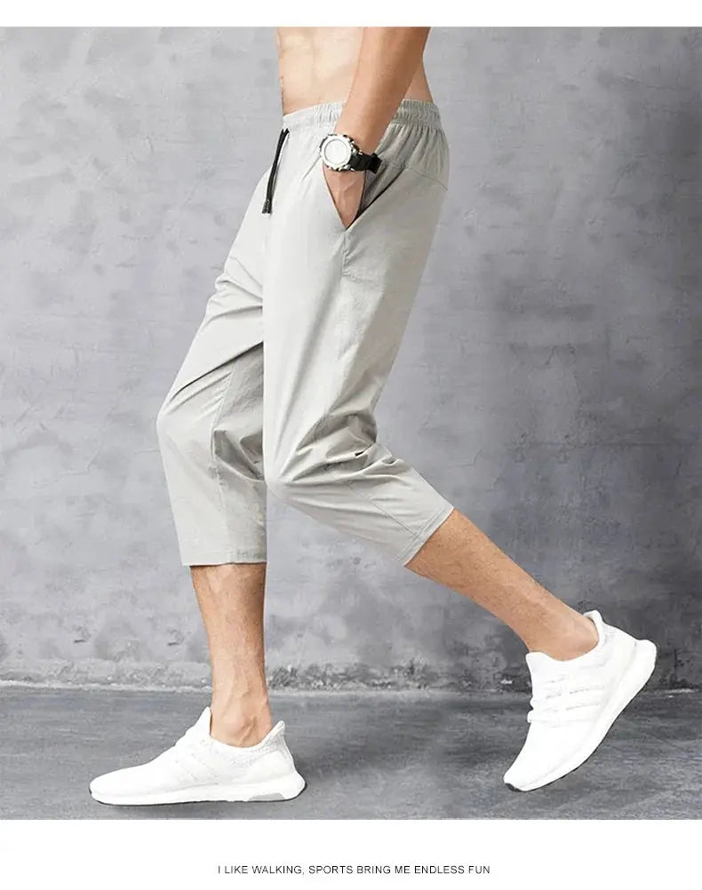 3/4 Length Men's Shorts, light gray nylon stretch, quick-dry, elastic drawstring waist