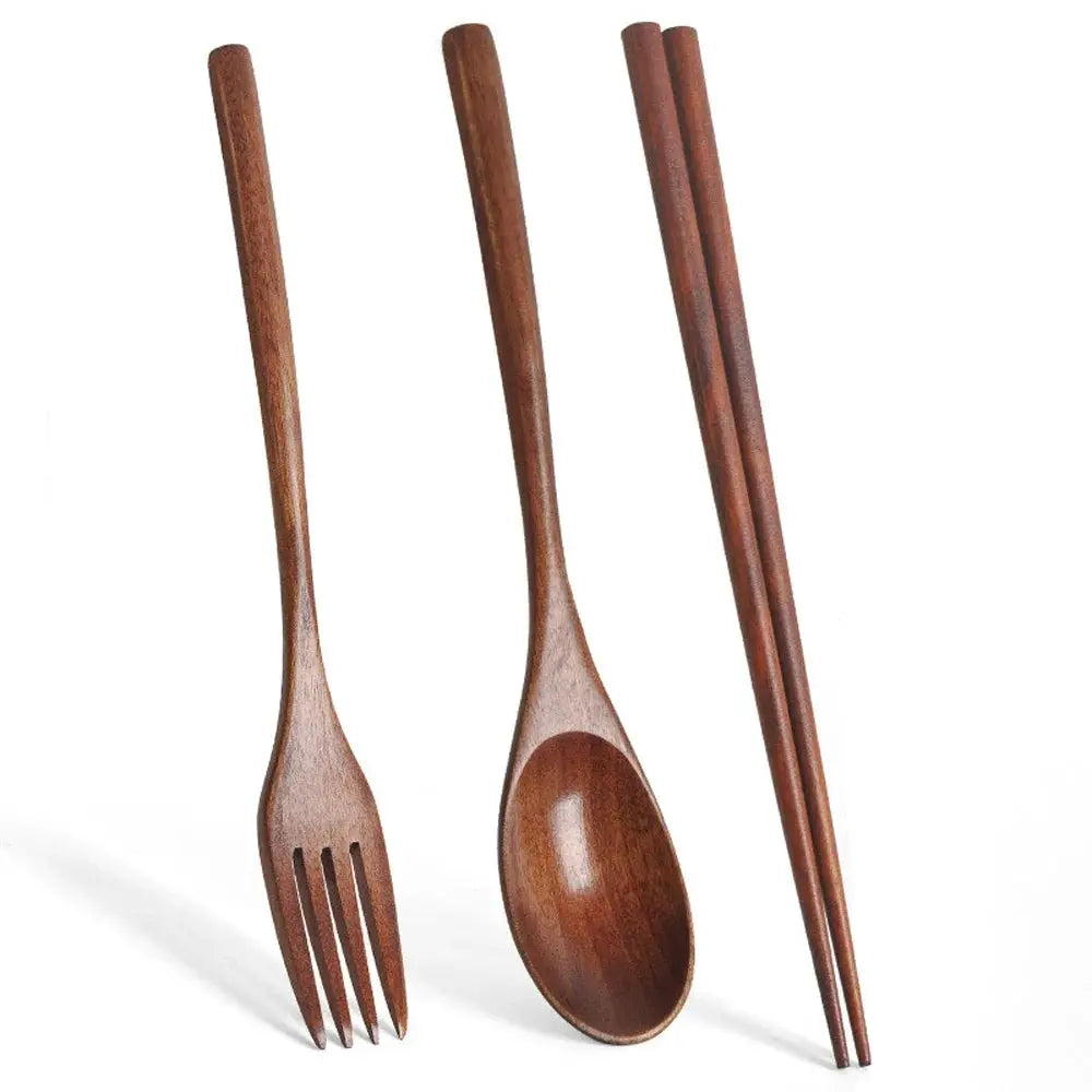 Natural Wood Tableware Three Piece Set Spoon Fork And Chopsticks Portable Travel Cutlery Eco Friendly Japan Style Design