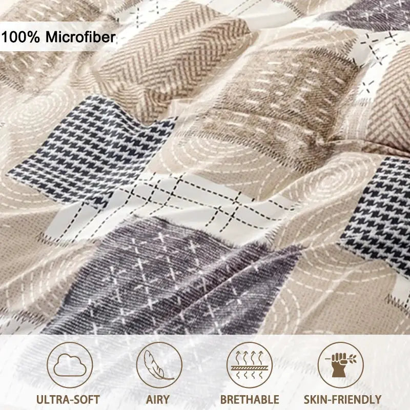 3-piece patchwork duvet cover set by Simples Market, beige/gray microfiber, includes 1 duvet cover and 2 pillowcases