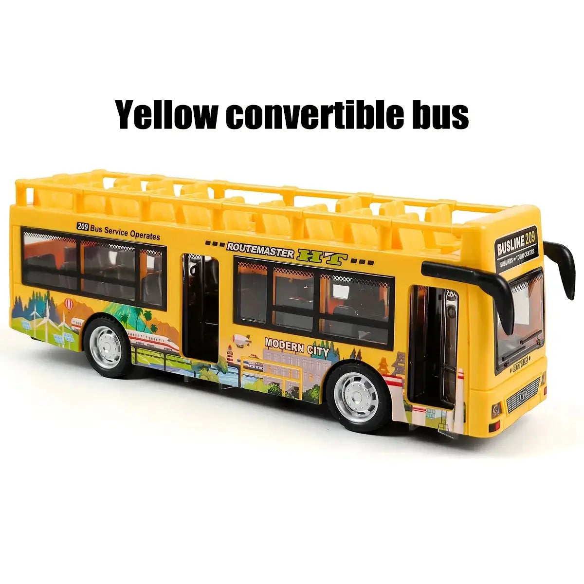 Double Decker Sightseeing Bus Model Die Cast Pull Back Toy Open Doors with Light Music for Boys