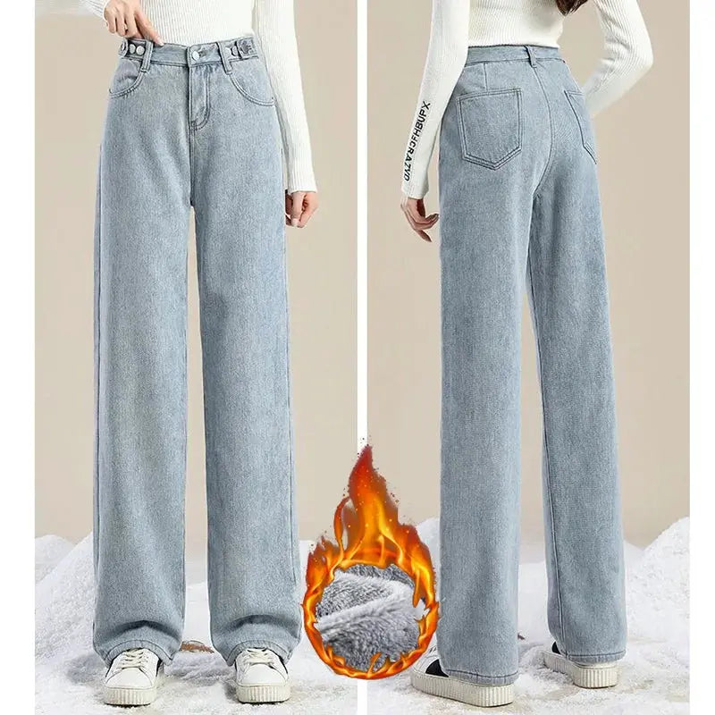 Winter Plush Thermal High Waist Jeans For Women Fleece Lined Pants